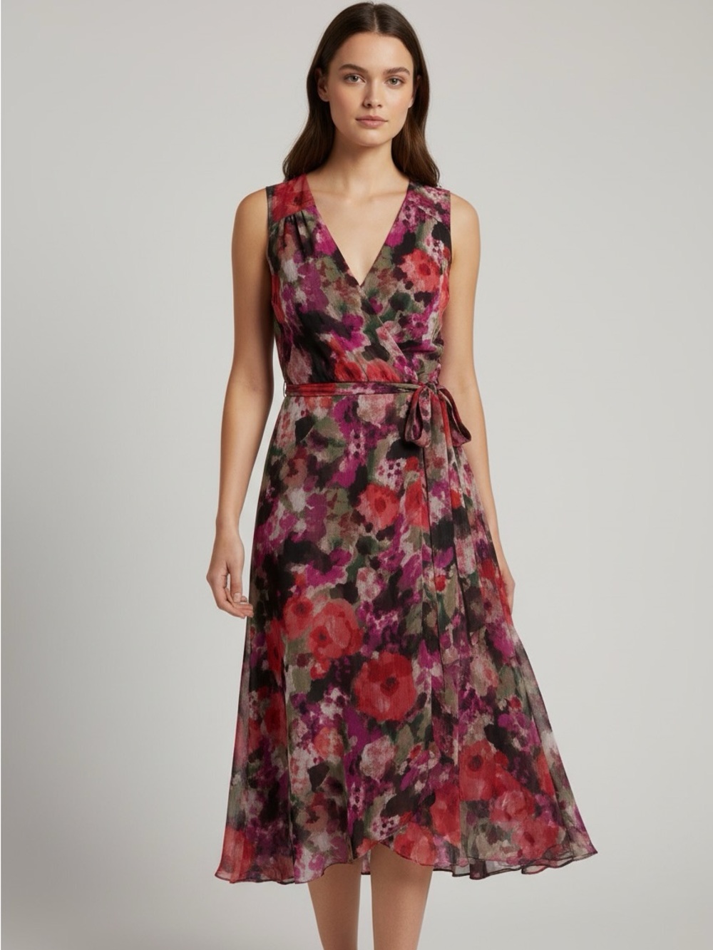 New Calvin Klein Sleeveless Floral Wrap Dress in Red & Pink
